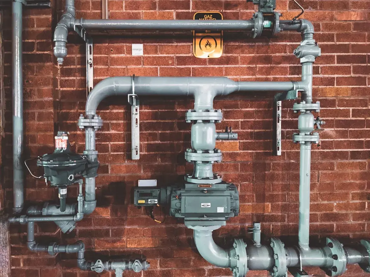 Réseau de tuyauterie de gaz et de chauffage sur mur de briques